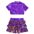 thumbnail image 3 of TTAO 2 Piece Dance Outfits Set Kids Girls Short Sleeve Crop Top with Tiered Skirt Jazz Ballroom Dancewear Purple 14, 3 of 5