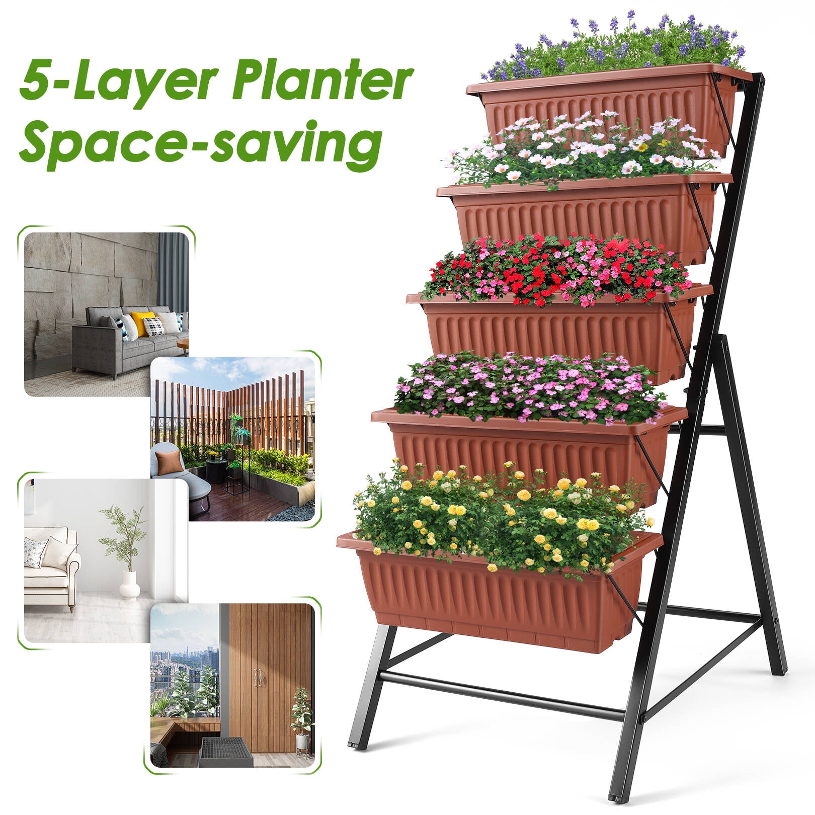 Funcid 4 ft Vertical Garden 5-Tier Raised Garden Bed for Patio Balcony Flower Herb Freestanding Garden Planter Box Brown, 26"×22.75×45"