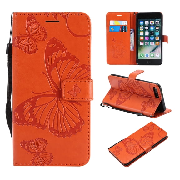 iPhone 7 Plus/ 8 Plus Wallet case, Allytech Pretty Retro Embossed Butterfly Flower Design PU Leather Book Style Wallet Flip Case Cover for Apple iPhone 7 Plus and iPhone 8 Plus, Orange