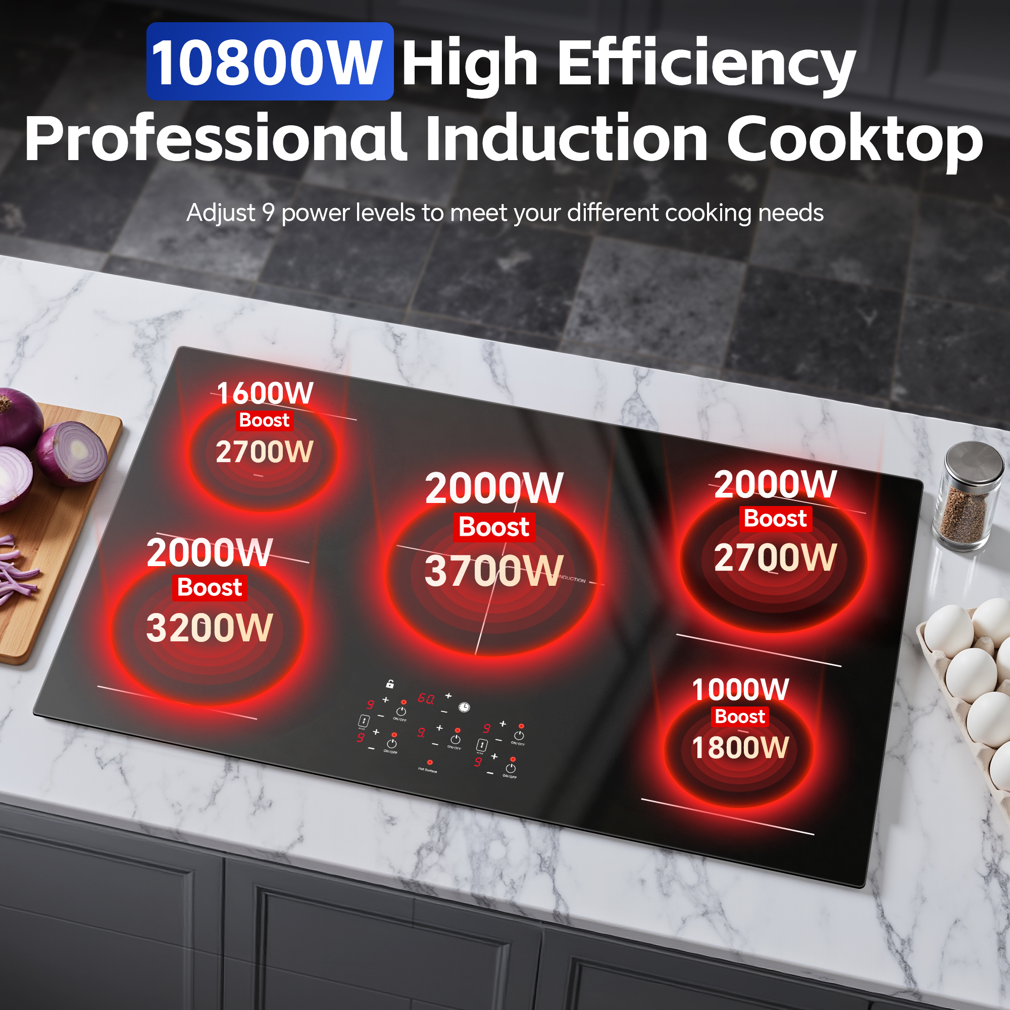 Amzgachfktch 36" 10800W Induction Cooktop with 5 Zones & Boost Function in Black