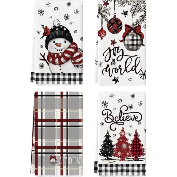 luyaa Black Red Xmas Tree Snowman Christmas Kitchen Towels Dish Towels, 18x26 Inch Holiday Believe Bird Winter Decoration Hand Towels Set of 4