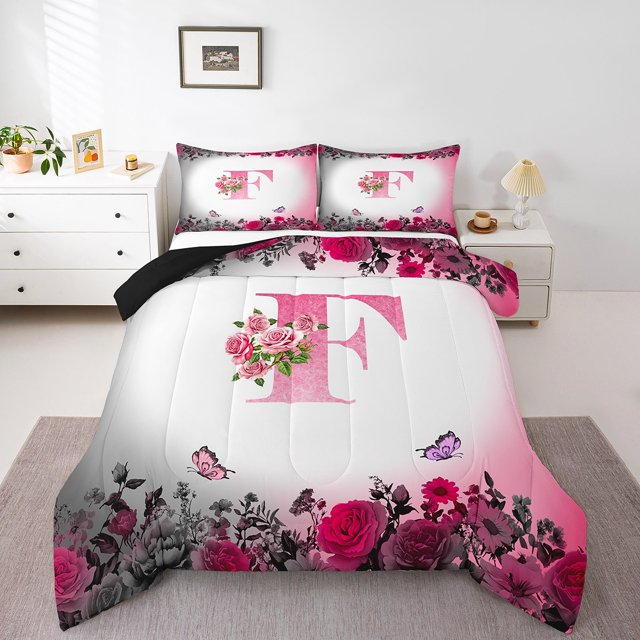 Erosebridal Letter Initial Bedding Twin Comforter Set,Monogrammed Personalized Down Comforter,Flower Decor,Reversible,Lightweight,2-Piece