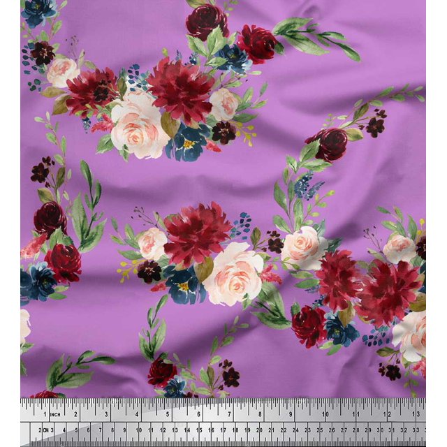 Soimoi Purple Cotton Poplin Fabric Ranunculus & Penoy Floral Print Print Fabric by the Yard 42 Inch Wide