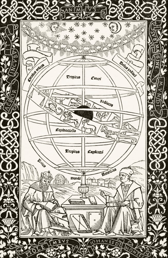 Ptolemys System Explained By Johannes Mller Von Knigsberg (Right) 1436 To 1476 German AstronomerAstrologerMathematician After Wood Engraving Of 1543 From Science And Literature In The Middle Ages By P
