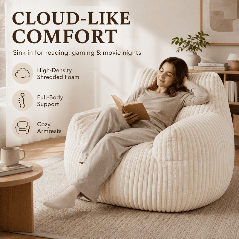 Giant Bean Bag Chair for Adults, 46" Oversized Corduroy Bean Bag Sofa with Armrests, Shredded Foam Floor Lounge Chair, Supports 400 lbs, Beige