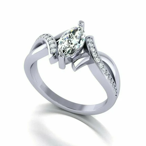 Solitaire Bypass Wedding Ring, 1.8 CT Marquise Cut Simulated Diamond Ring, Elegant Engagement Ring, 14K White Gold Plated, Promise Twist Band Anniversary Ring