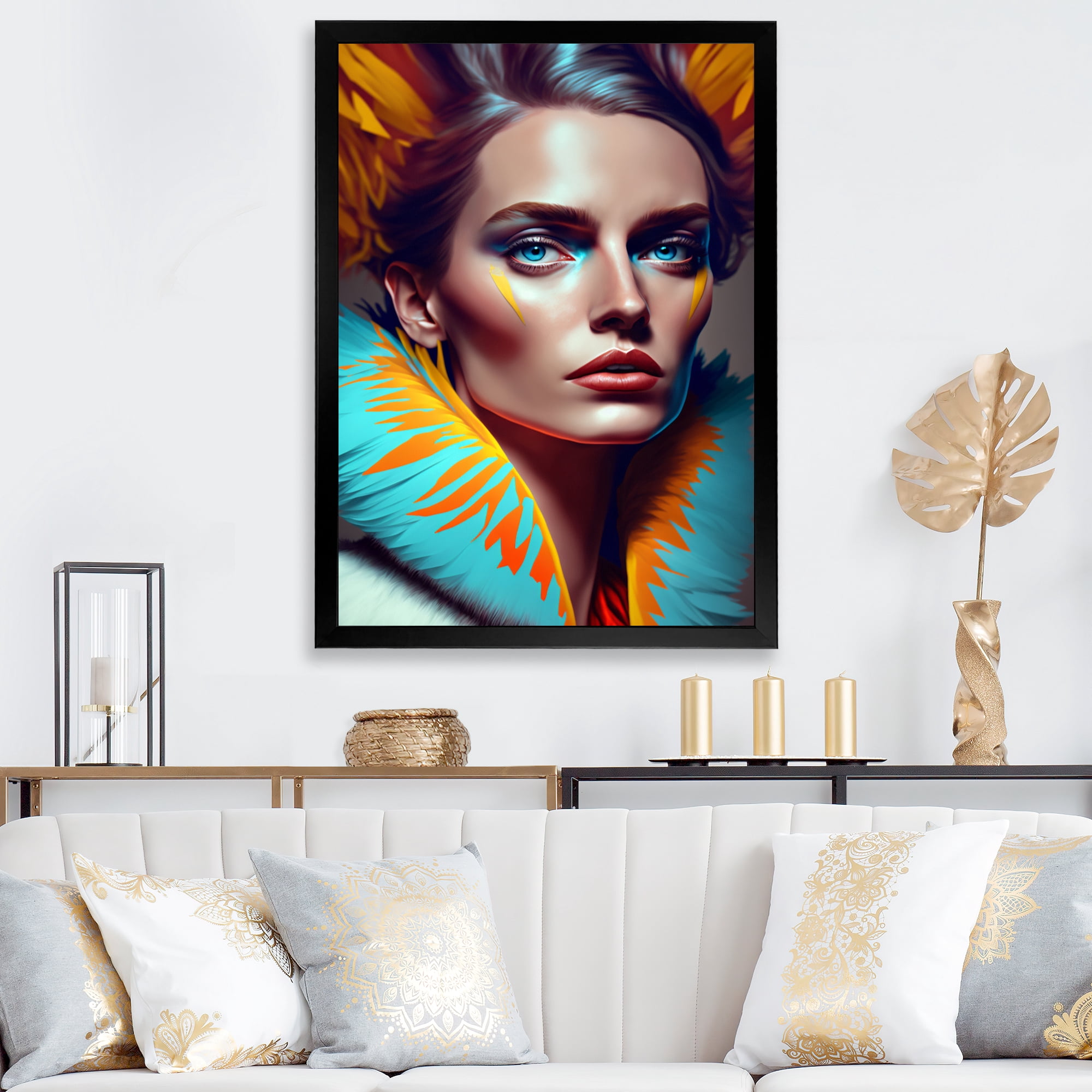 Designart Colorful Sensual Woman In Fur Coat II Framed Wall Art