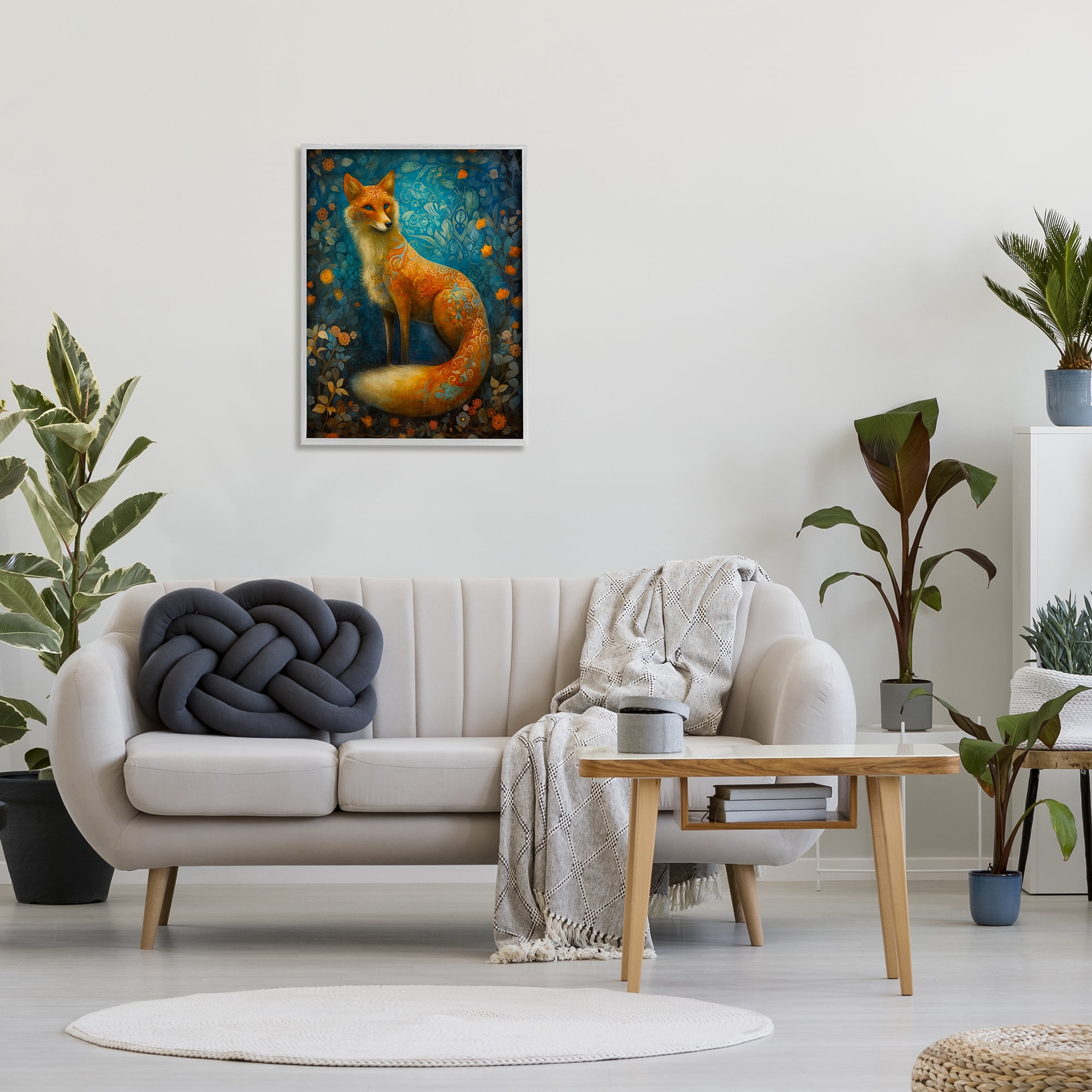Stupell Industries Patterned Forest Fox Animals & Insects Painting Gray Framed Art Print Wall Art, 24 x 30
