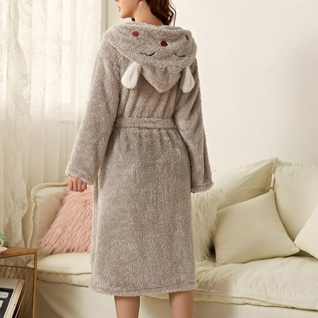IDALL Robes for Women Nightgowns for Women Robe Bathrobe Double 3D Ear Hooded Flannel Bathrobe Doublefaced Velvet Robe Pajamas Women s Lingerie  Sleep & Lounge Grey L