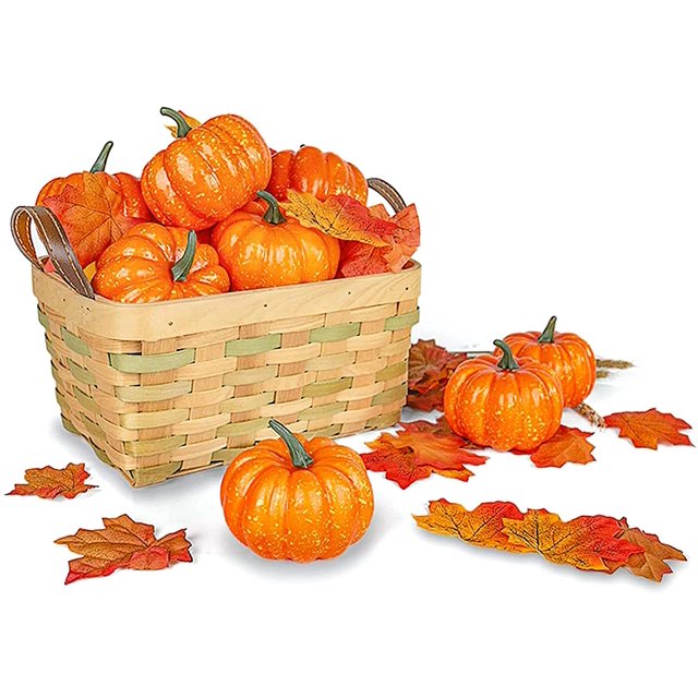 Artificial Pumpkins for ration, 12PCS Fake Pumpkins with 30PCS Lifelike Maple Leaves Faux Pumpkins Artificial Vegetables for Fall Garland Halloween Thanksgiving rations