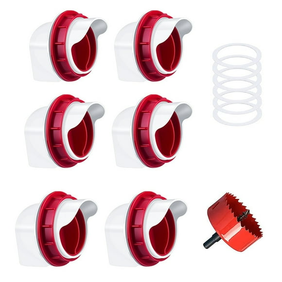 DIY Chicken Feeder No Waste 6 Ports Automatic Poultry Feeder with 6Pcs Stopper & 1 Hole Saw, Weatherproof Reusable Gravity Chicken Feeder Kits for Buckets, Barrels, Bins, Troughs