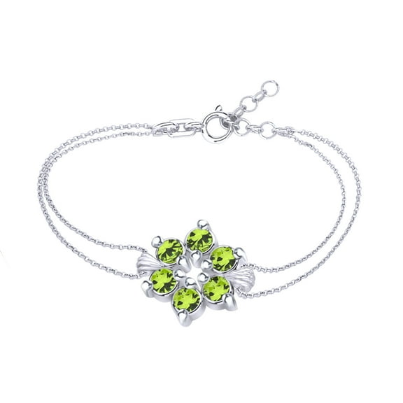 AFFY Round Shape Simulated Peridot Flower Chain Bracelets In 14k White Gold Over Sterling Silver -7.5"