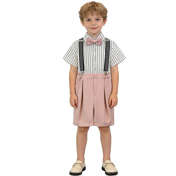 OSOLU Children Boys Outfits Short Sleeve Striped Shirts with Suspenders Summer Formal Wear Performance Comfortable Breathable Vacation Beach Clothing Sets