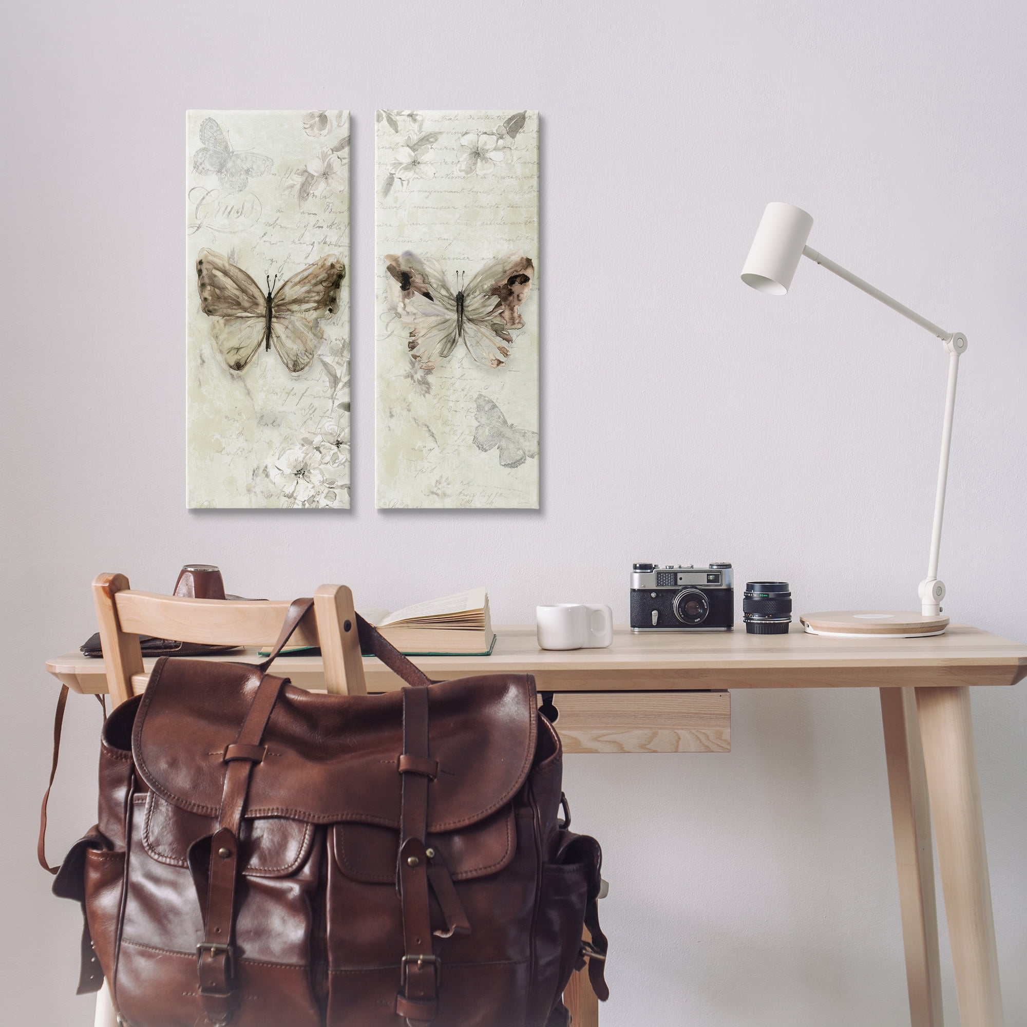 Stupell Industries Vintage Butterfly Scrapbook Page Animals Painting Wrapped Canvas Art Print Wall Art, 10 x 24, Set of 2