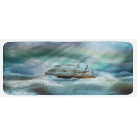 

Ocean Kitchen Mat Majestic Nautical Sealife and Pirate Boat Ship on a Wavy Deep Sea Art Print Plush Decorative Kitchen Mat with Non Slip Backing 47 X 19 Blue Grey and White by Ambesonne