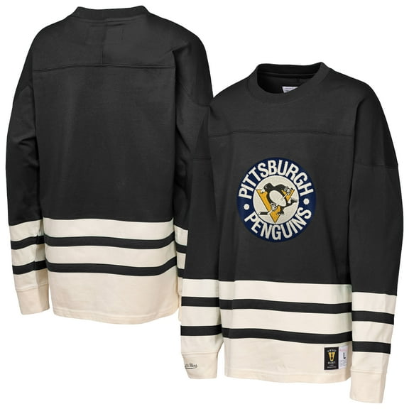 Youth-Mitchell & Ness Black Pittsburgh Penguins Chainstitch Heavyweight Long Sleeve Top
