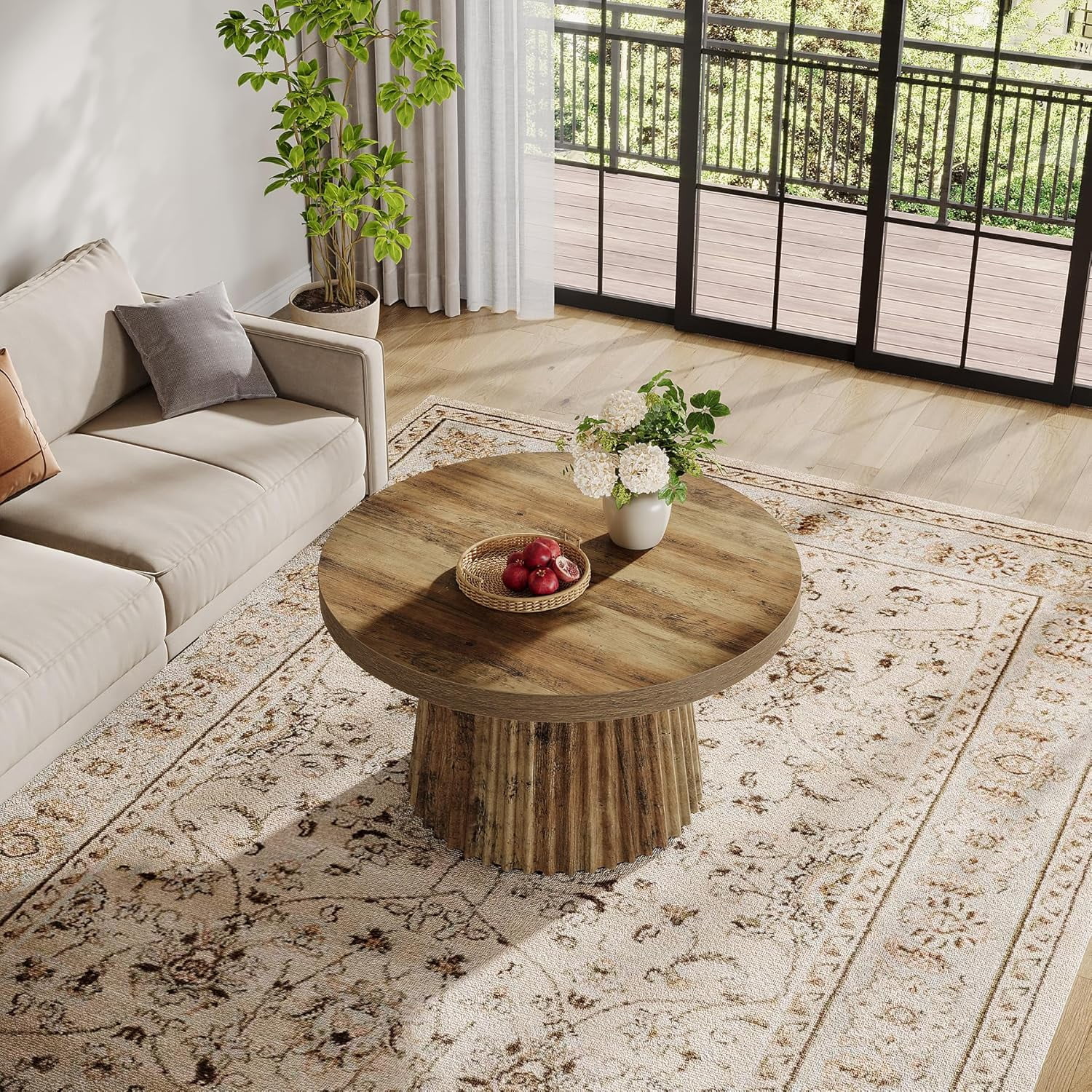 Finmind 31.5" Round Coffee Table, Farmhouse Drum Table with Fluted Base for Living Room, Brown