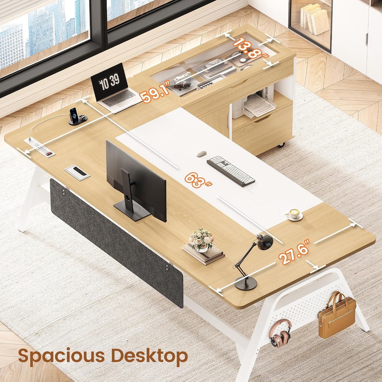 SEDETA L Shaped Computer Desk with Mobile File Cabinet & Power Outlets, Executive Home Office Desk with Storage Drawers, Pegboard, Cable Management, Reversible L Desk for Work & Gaming, White + Oak