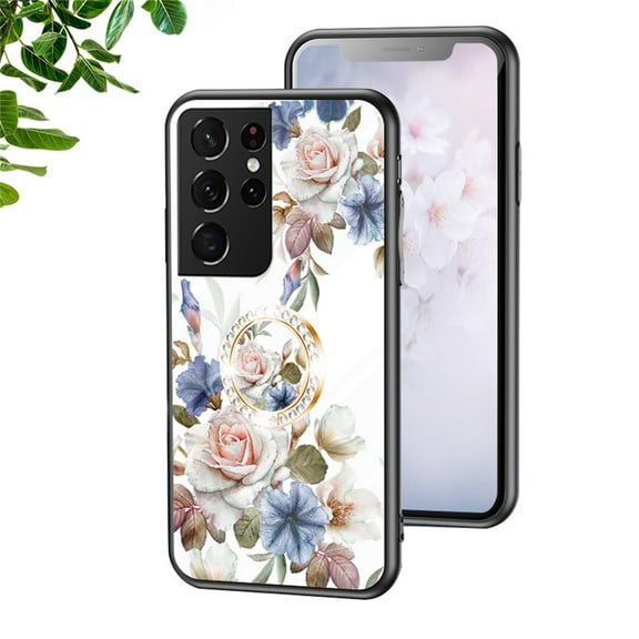 Dteck for Samaung Galaxy S21 Ultra Case 6.8" 2021, TPU Flexible Border with Ring Kickstand and Glass Protector Case for Samaung Galaxy S21 Ultra Girls and Women, White Flowers