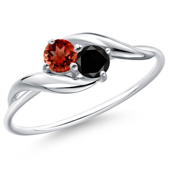 Gem Stone King 10K White Gold Round Red Garnet and Black Diamond Ring for Women (0.37 Cttw, Round 3.5MM, Gemstone January Birthstone, Size 7)