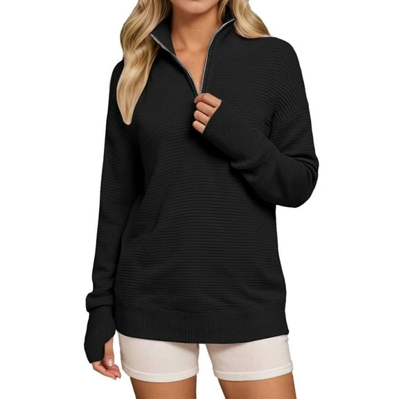 SGMVNU Womens Sweaters Comfortable Long Sleeve Half Zipper V Neck Casual Rib Knitted Sweater Women's Pullover Top Knitwear Fall Winter Clothes Black L