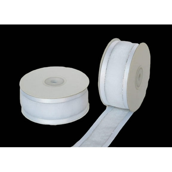 1-1/2" Satin Edge Organza Ribbon White with Silver Lines 25 Yards
