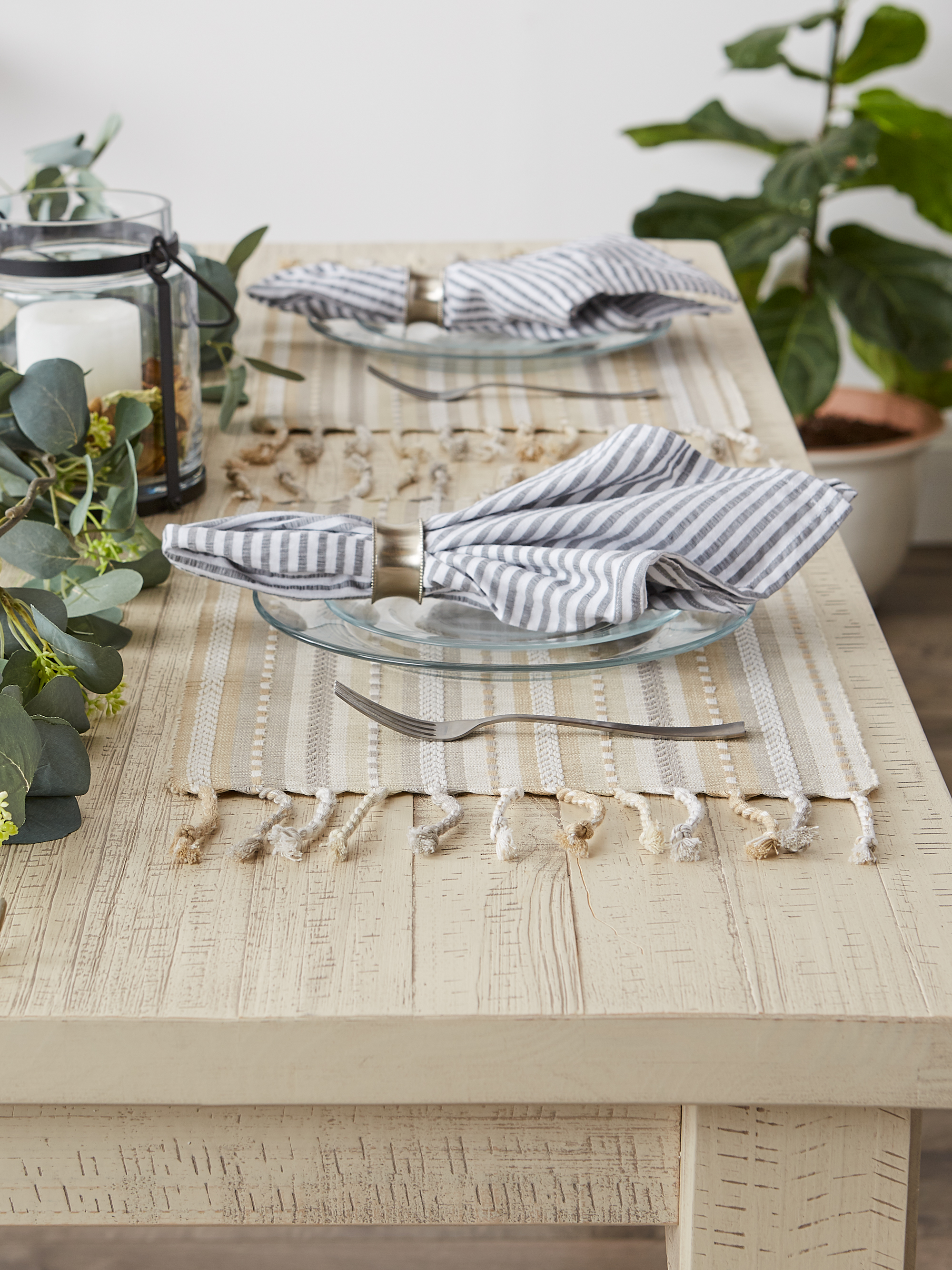 Natural Tonal Stripe With Fringe Placemat (Set of 6)