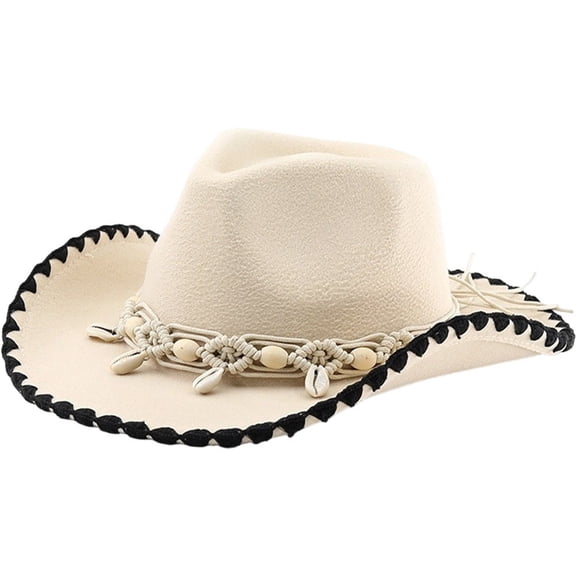 Hzzsbu Cow Hat for Women, Felt Western Hats With Macrame Beaded Band Jazz Top Hat Wide Brim Sun Hat Beach Vintage Retro Western Cow Hats for Wedding Party