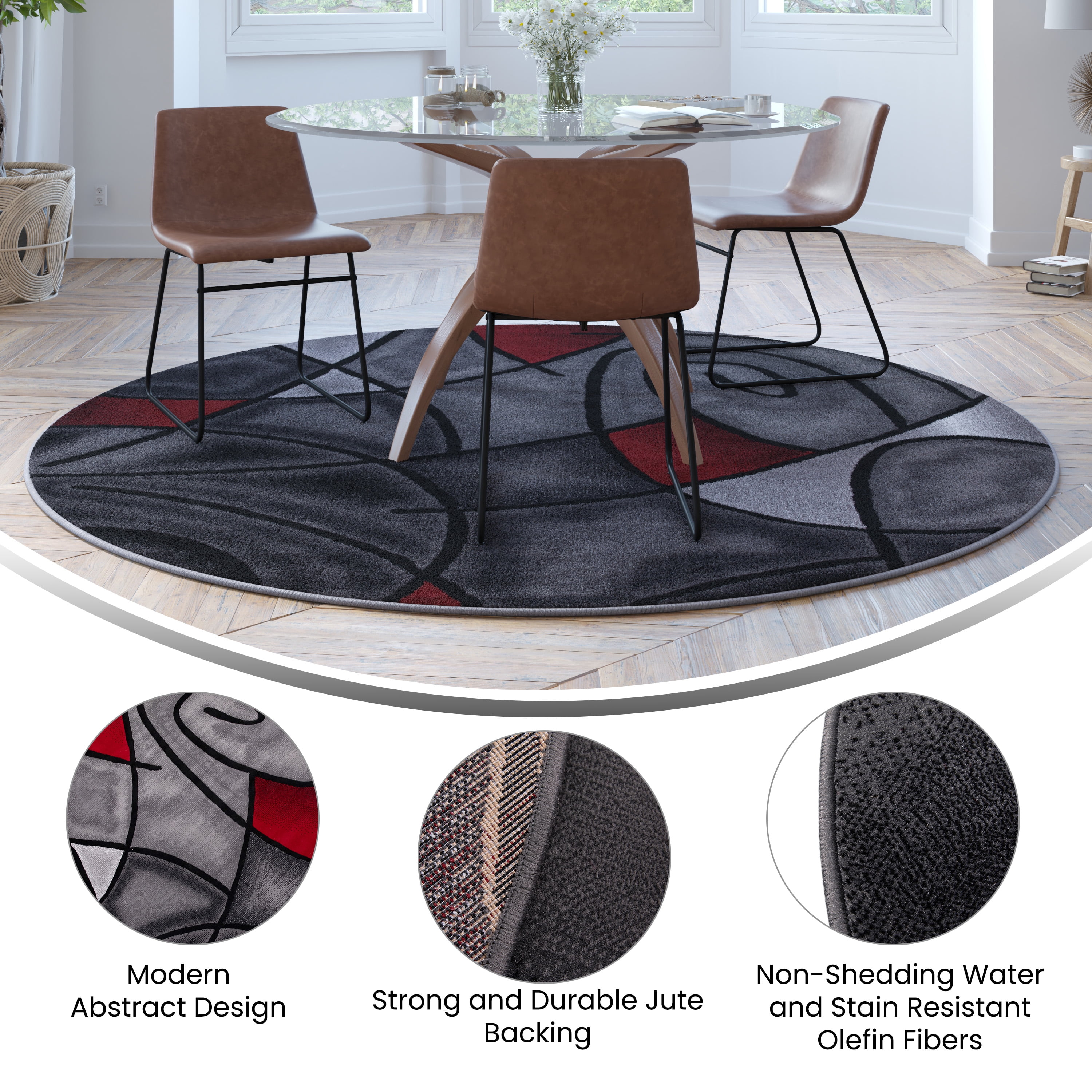 Emma + Oliver Metropolitan 5x5 Round Olefin Accent Rug with Modern  Geometric Pattern in Red, Gray, Black & White with Natural Jute Backing