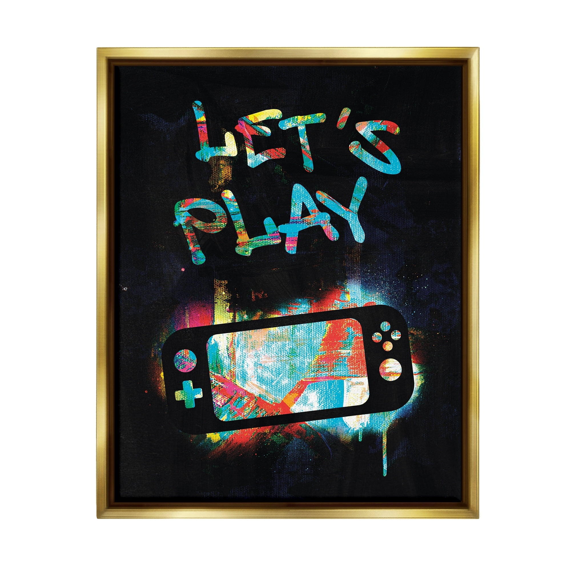 Stupell Industries Let's Play Video Games Neon Street Style Graphic Art Metallic Gold Floating Framed Canvas Print Wall Art, Design by Victoria Barnes