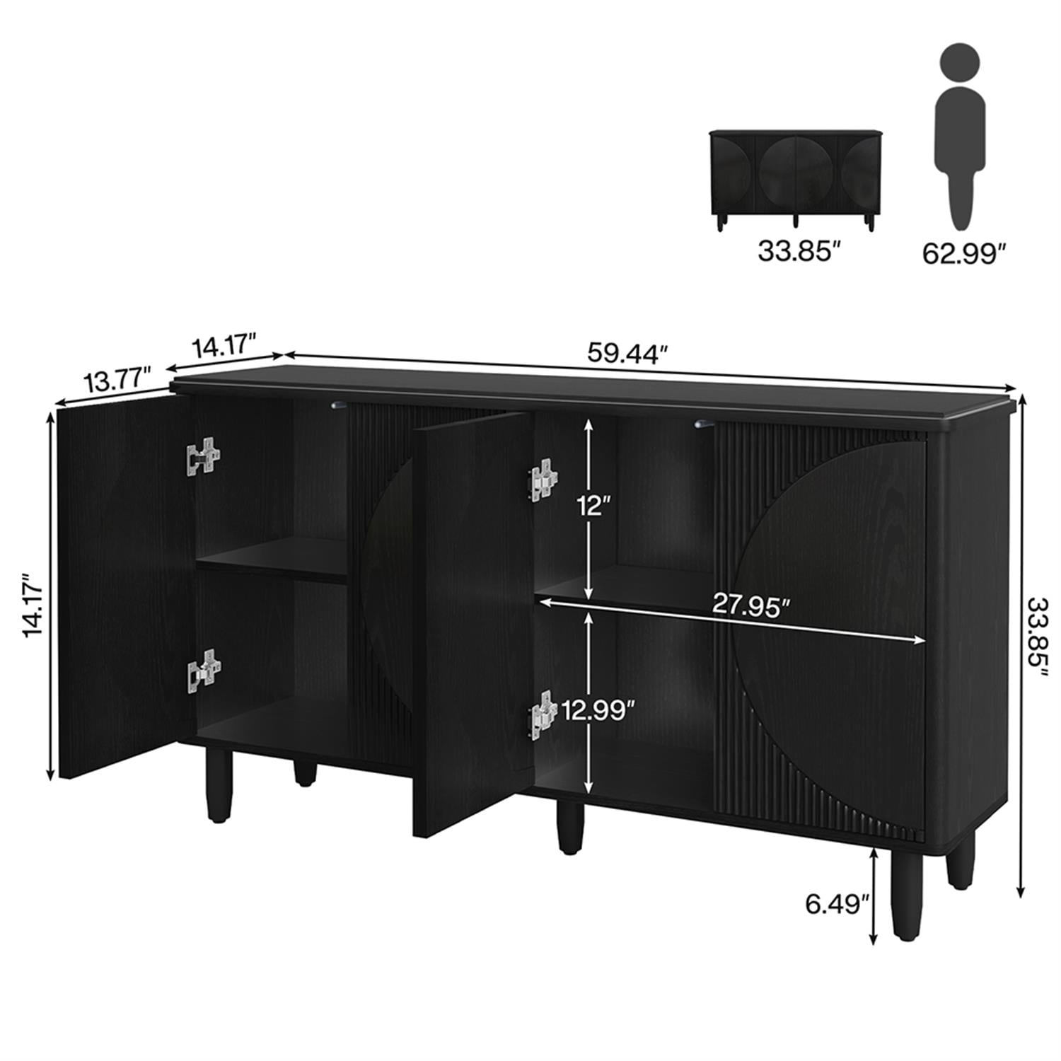 Demi Bonn 59" Sideboard Buffet Storage Cabinet with Doors, Modern Credenza Accent Cabinet for Kitchen Entryway Living Dining Room, Black