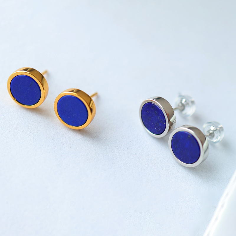 White Gold Plated Lapis Lazuli Stud Earrings – Round Natural Blue Gemstone, Hypoallergenic Minimalist Geometric Jewelry for Women & Men with RTT Jewelry Box