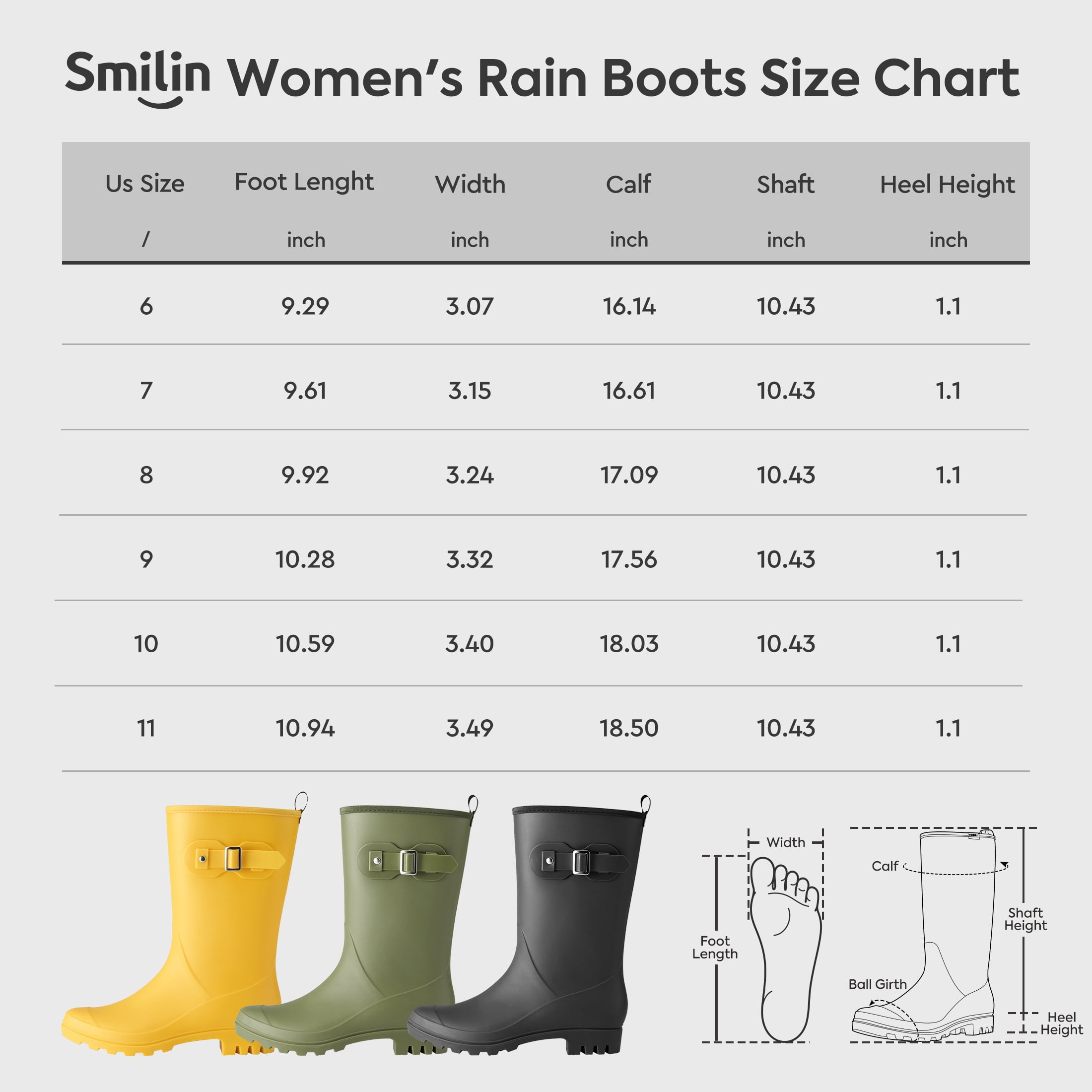 SMILIN Wellington Wide Calf Rubber Rain Boots for Women Olive Green Size 8
