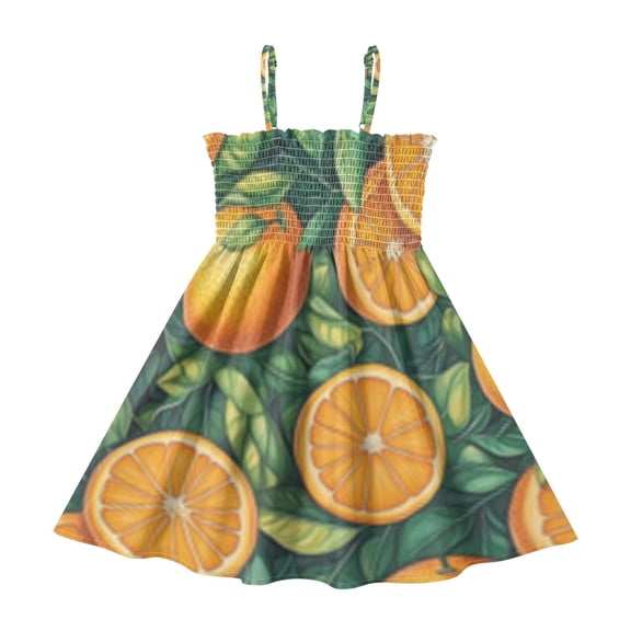 Summer Spaghetti Strap Vibrant Orange Fruit A Line Dress Casual Sleeveless Cami Sundress for Size 2-8 Years