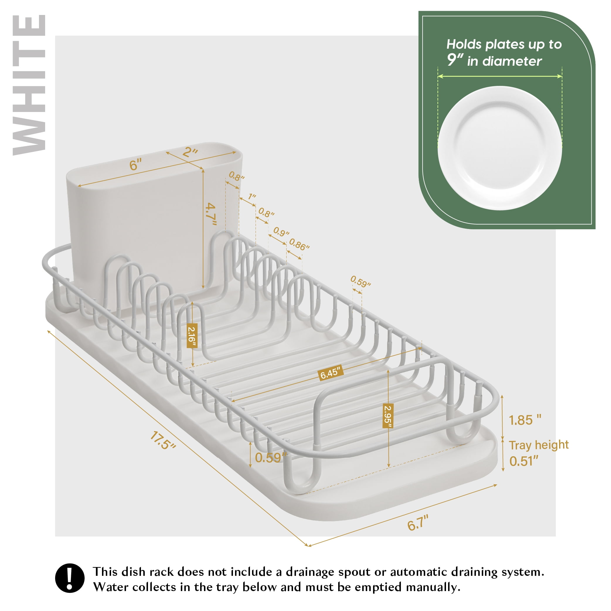 SunnyPoint 304 Stainless Steel Dish Drying Rack with Utensil Holder, Compact Countertop Dish Rack with Removable Drain Tray – White