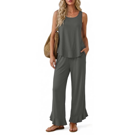 Anygrew Women's 2 Piece Lounge Sets Sleeveless Ruffle Hem Top and Wide Leg Pants with Pockets Casual Sweatsuit Outfits