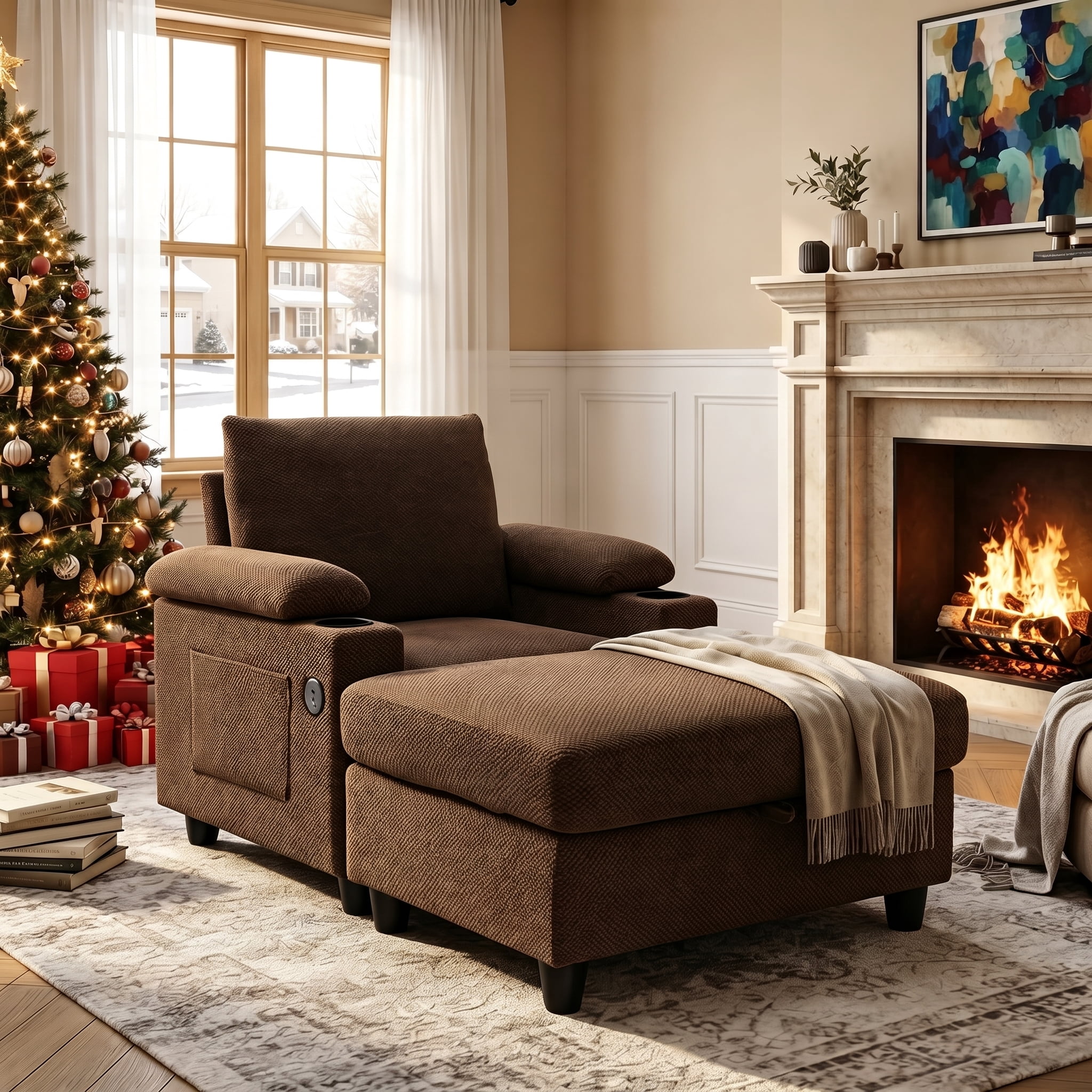 Aukfa Accent Chair with Storage Ottoman & Cup Holders, Convertible Sleeper Recliner Lounge Chair with Adjustable Backrest, USB-C Port & Side Pocket, Brown