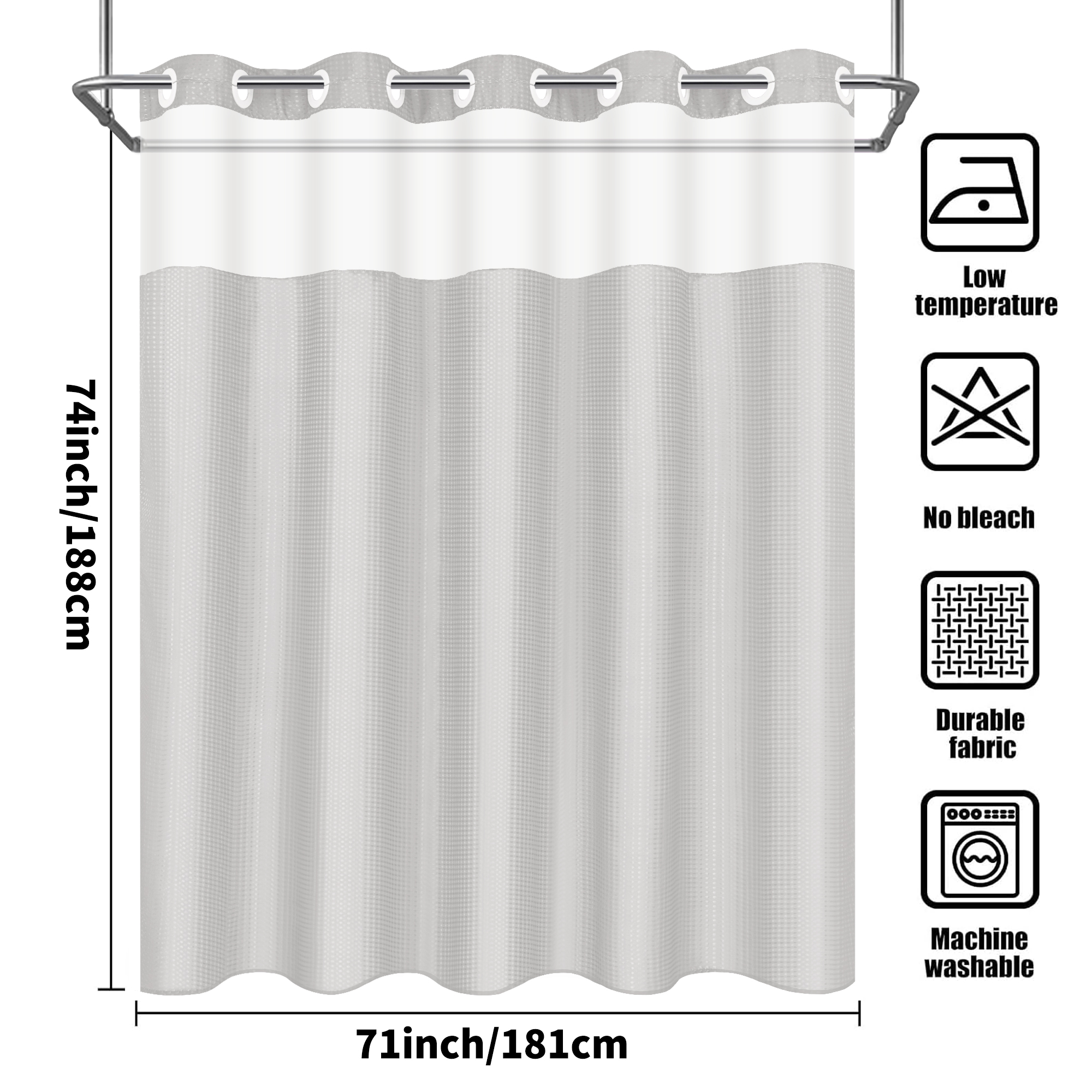 Ikfashoni Light Gray Hookless Shower Curtain with Snap in Liner,Waffle Weave Waterproof Fabric Mesh Window Bathroom Curtain,72"X74"