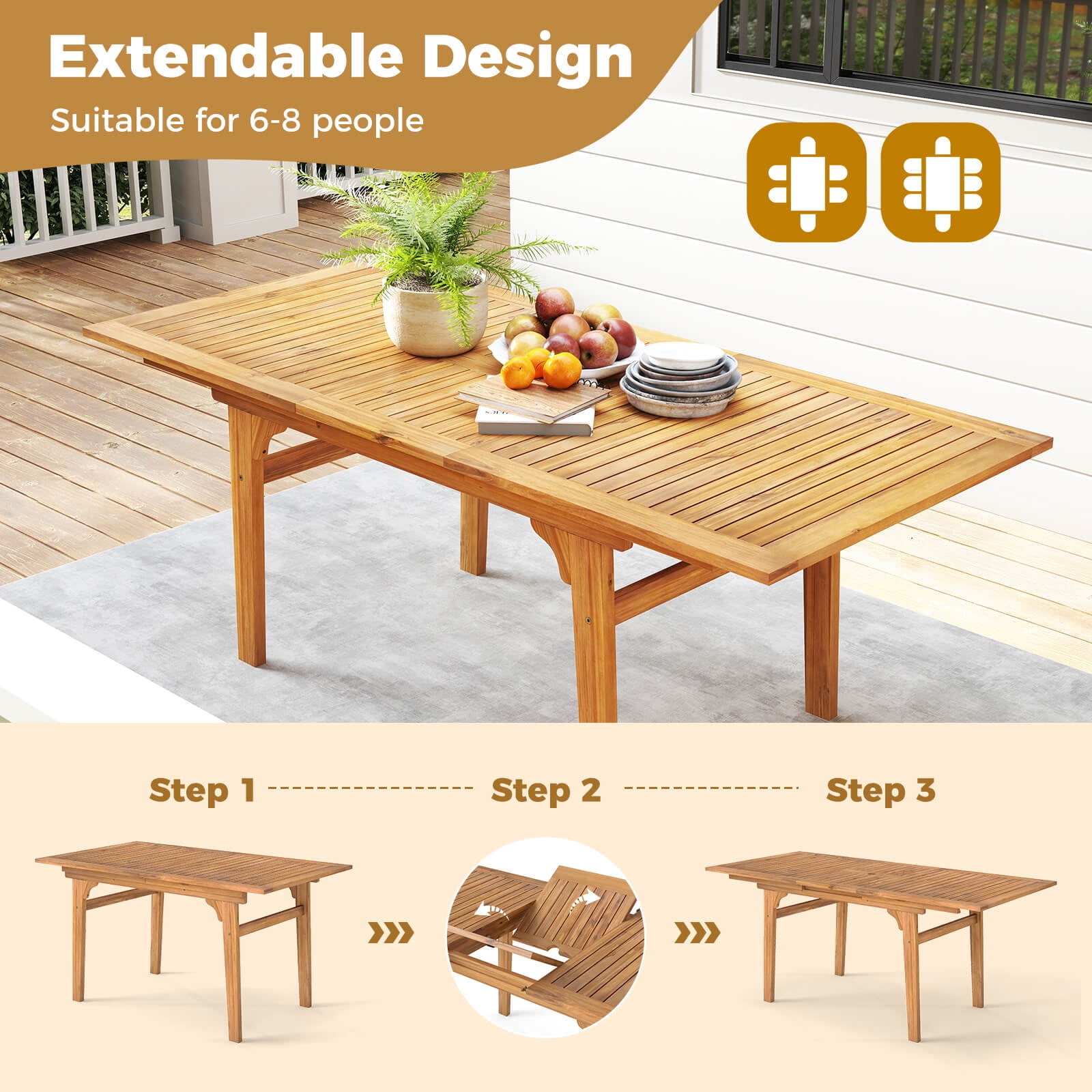 Costway 2 PCS Outdoor Dining Chairs Acacia Wood Patio Chairs with Breathable Fabric Seat