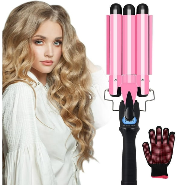 Rizador de Pelo | Rizador De Cabello Ondas Cerámica Triple Barriles | 25mm Ondulador De Pelo con Cabello Medio Largo | Temperatura Ajustable | con Pantalla LCD y 1 Guante | para Casa y Viaje(Rosa)