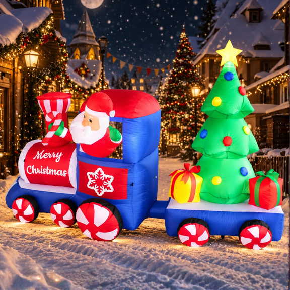 PTS7 FT Lighted Christmas Inflatable Train with Santa Claus and Tree