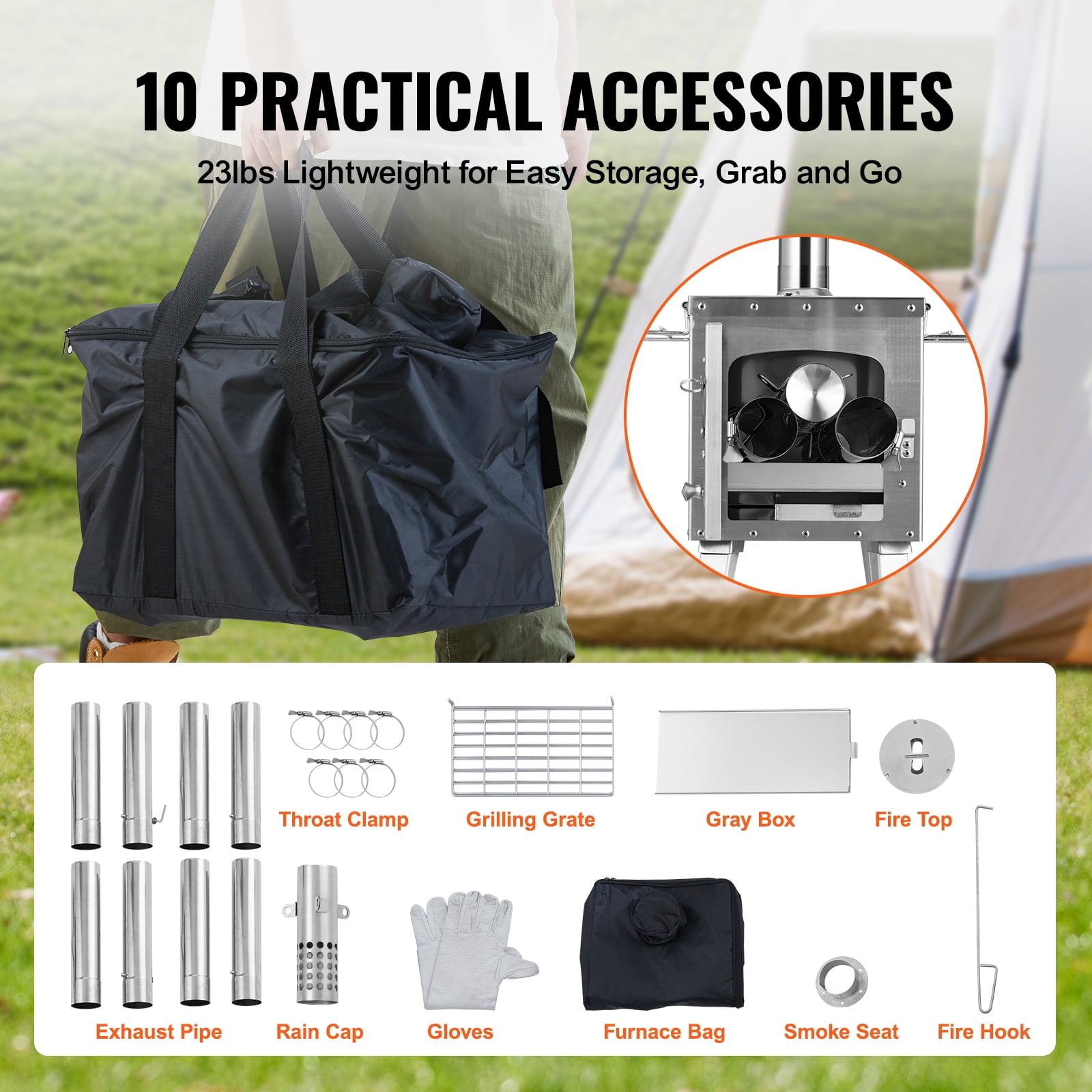 VEVOR Wood Stove, 86 inch, Stainless Steel Camping Tent Stove, Portable Wood Burning Stove with Chimney Pipes & Gloves, 1646in³Firebox Hot Tent Stove for Outdoor Cooking and Heating with 8 Pipes
