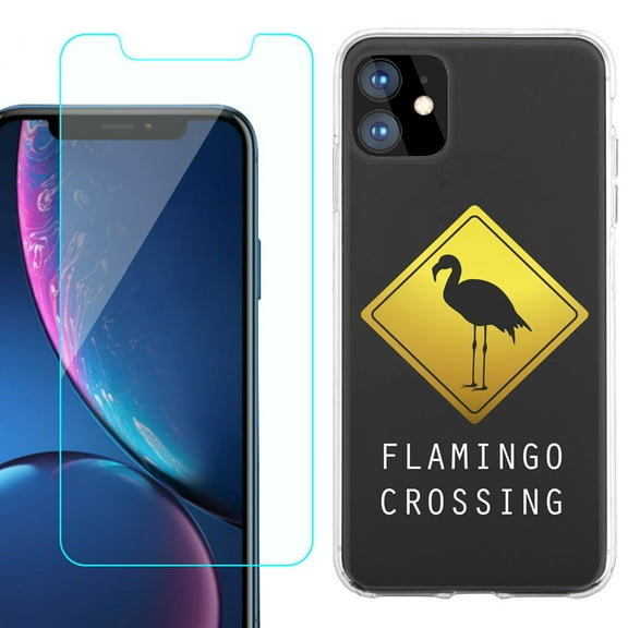 For Apple iPhone 11 Case , Slim-Fit TPU Protective Phone Case with Tempered Glass Screen Protector, by OneToughShield ® - Flamingo