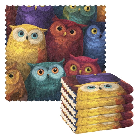 6 Pieces of Kitchen Towels 11x11Inch Kitchen Dish Cloths Kitchen Dish Towels Reuseable Cleaning Cloths Vibrant Colored Owls