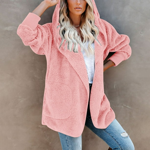 Women s Loose Solid Color Long Sleeve Hooded Warm Plush Cardigan