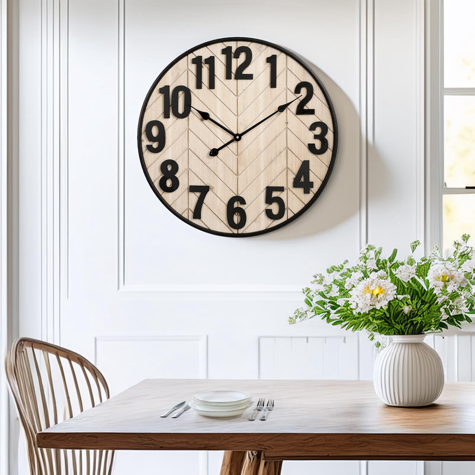MODE HOME Rustic Farmhouse Wooden Wall Clock with Black Metal Frame, 24 inch Battery Operated Silent Clock, Brown