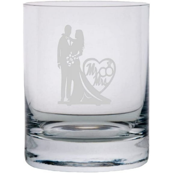 Bride & Groom Wedding Silhouettes Etched 11oz Crystal Rocks Whisky Glass