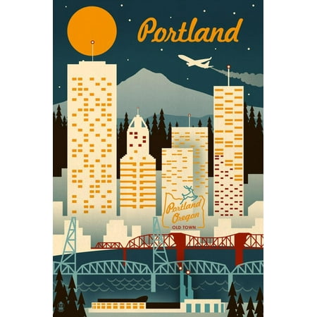 Portland, Oregon - Retro Skyline Travel Advertisement Ad Print Wall Art By Lantern