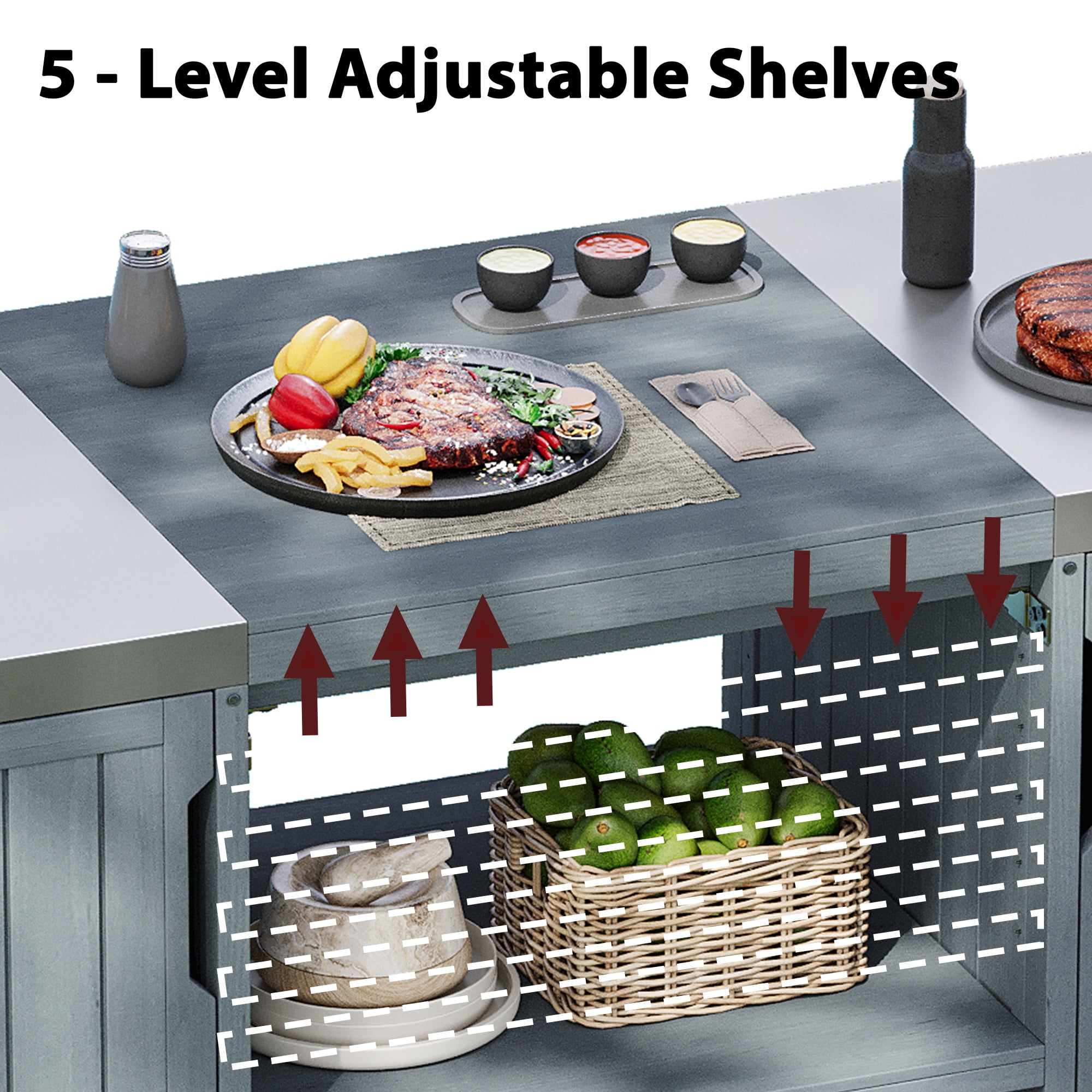 Bellemave 66.5" Outdoor Serving Cart Kitchen Island Rolling Bar Cart with Wheels, Drawer and Rack Solid Wood Outdoor Grill Cart for Tabletop Grill with Stainless Steel Top, Gray Blue + Style 2