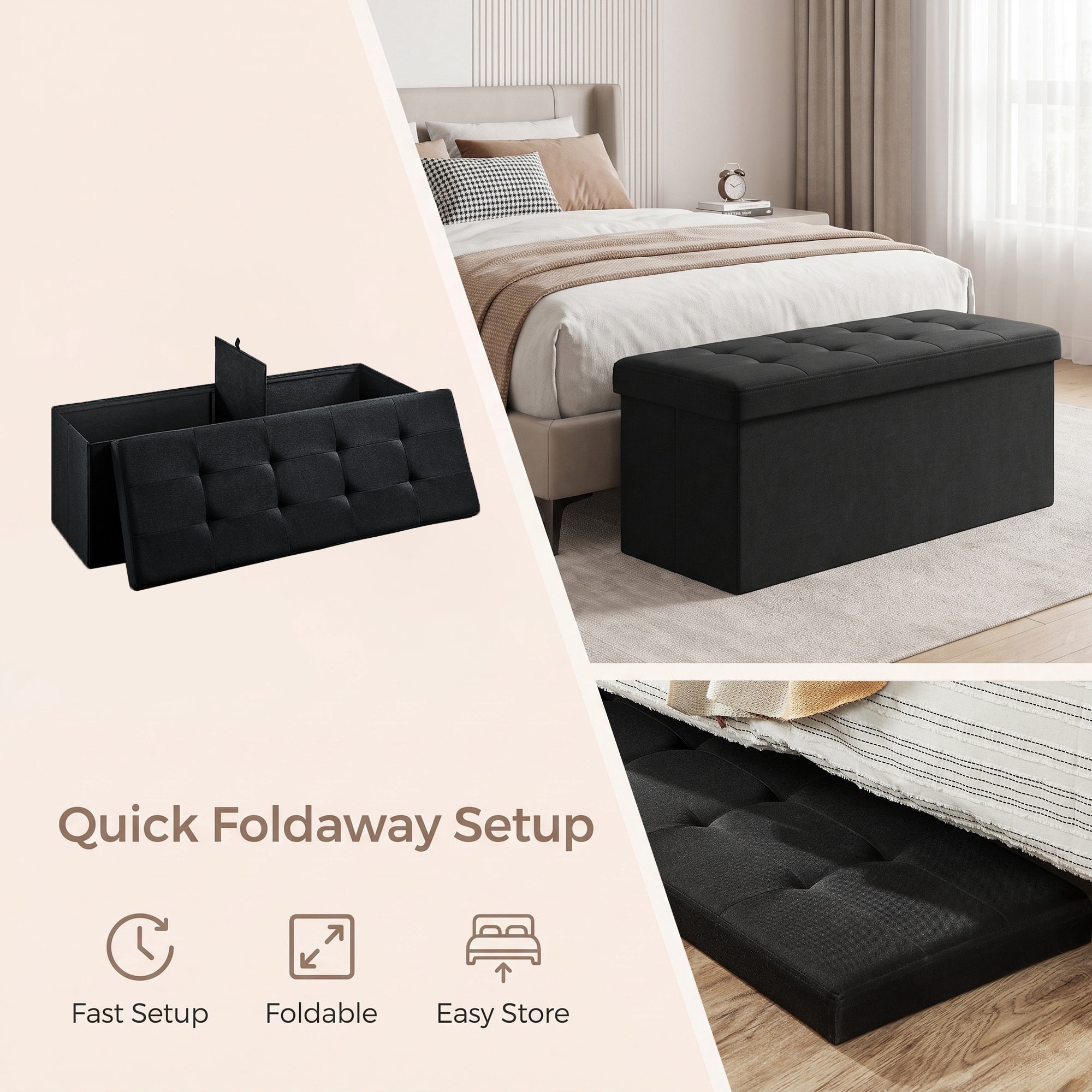 Ledrem Large Foldable Storage Ottoman Bench with Storage, Footrest, Ink Black